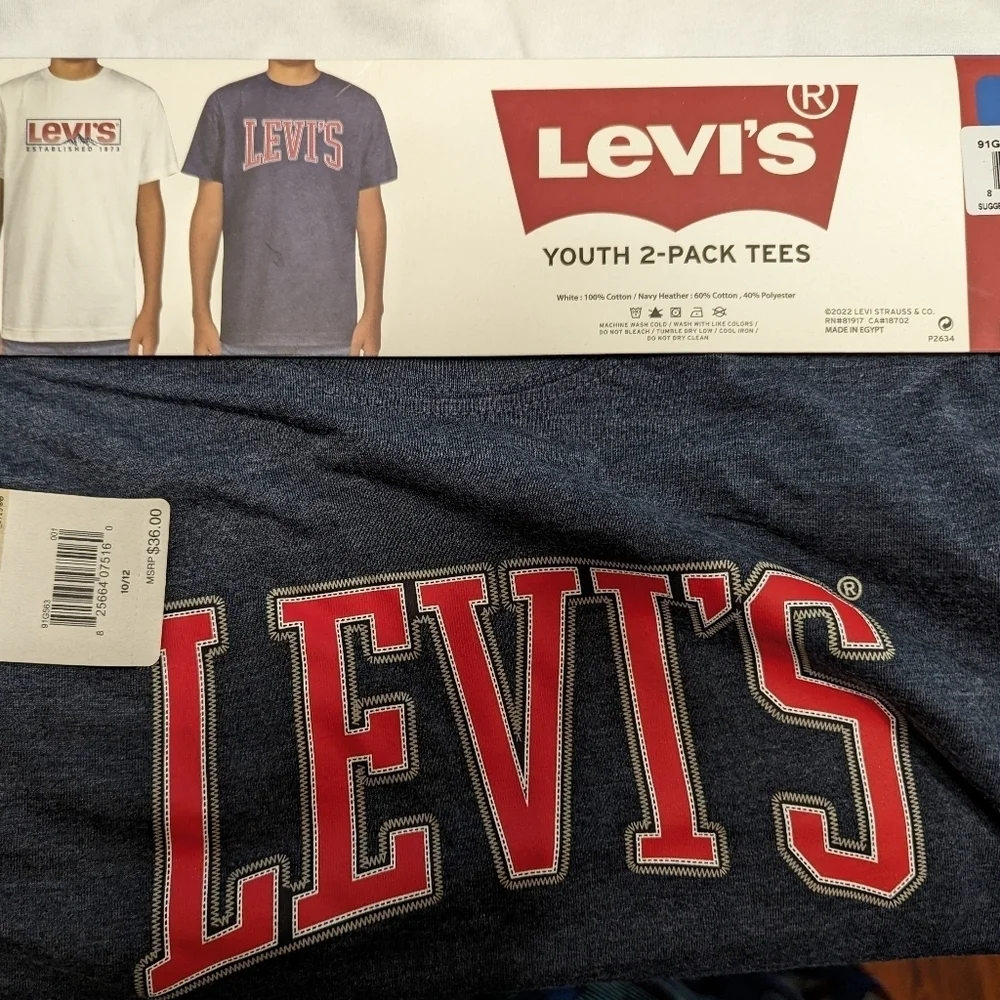 Levi's Youth Boy's 2 Pack Tees, Size Large (10/12) White/Navy MSRP $36
